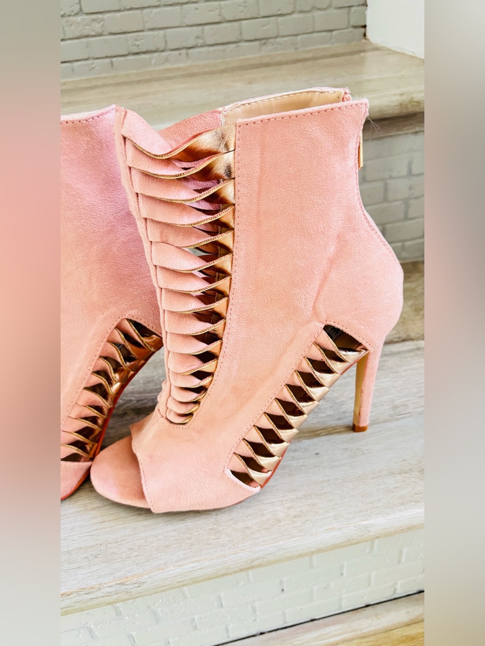 Cape Robbin Rose Gold & Pink Suede Cutout Metallic Peep-Toe Stiletto Booties NEW - Picture 9 of 16